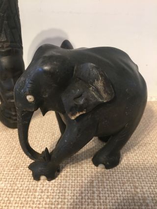 3 Old Antique African Ebony Black Wooden Carved Figures Lion Elephant Man 2