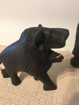 3 Old Antique African Ebony Black Wooden Carved Figures Lion Elephant Man 4