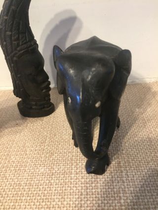 3 Old Antique African Ebony Black Wooden Carved Figures Lion Elephant Man 5