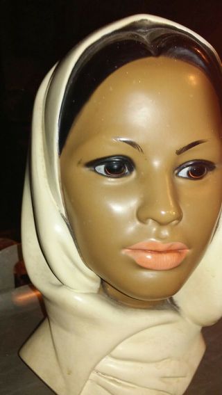 Ceramic Lady Woman Head Bust Indian 1970 Brown Eyes Black Hair Vanilla Scarf