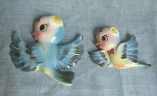 Vintage Japan Pottery Blue Birds With Yellow Daisy Wall Hanging Set Of 2