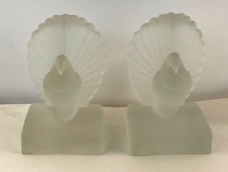Pair Art Deco Frosted Glass Bird Dove Pigeon Heavy Bookends Book Ends
