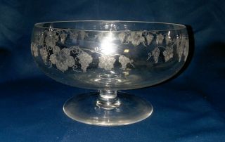 Vintage Etched Crystal Compote With Leafs And Grapes