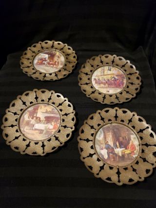 Set Of 4 Vintage Made In England Brass Wall Hanging Plates Decor Seaside Scenry