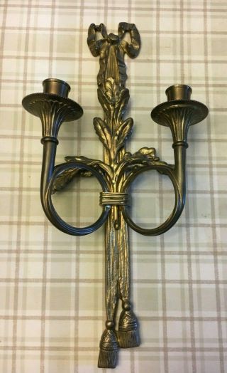 Vintage Candle Holder Wall Sconce 2 Arm Brass Ribbon Bow & Tassels 16 1/2 " Tall