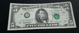 1995 $5 Frn Old Style Antique Money J Kansas City Mo Robert Rubin.  Vintage