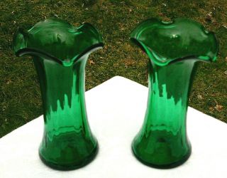 Vintage Pair - Emerald Green Glass Vase - Ribbed & Ruffle Scalloped Rim - 7 " Tall