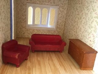 Strombecker Vintage Wooden Dollhouse Red Sofa & Chair And Sideboard/dresser