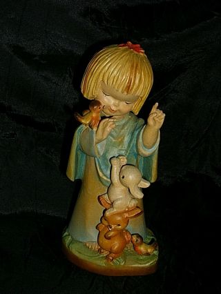 Vintage Carved Wood Figure Anri Girl Talking With Animals 6 " Germany