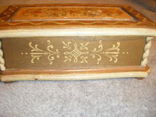 1960 ANRI ITALY REUGE SWITZERLAND HAND CARVED WOOD JEWELRY MUSIC BOX FLORAL 3
