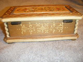 1960 ANRI ITALY REUGE SWITZERLAND HAND CARVED WOOD JEWELRY MUSIC BOX FLORAL 4