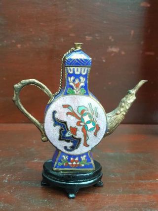 Chinese Small Vintage Cloisonne Teapot On Stand
