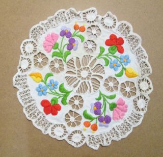 Antique Embroidered Lace Doily Very Colorful Flowers - Germany - 1920 