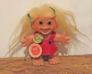 Vintage Dam Thing Lykketrold Troll 6 Inch With Red Dress Tags