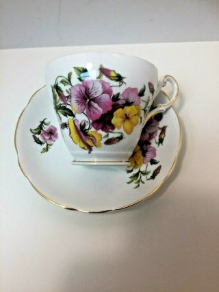 Vintage Regency English Bone China Pink Violet & Yellow Pansies Tea Cup & Saucer