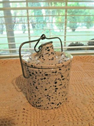 Vintage Blue & White Speckled Stoneware Cheese Crock & Lid W/wire Bail 6 " Tall