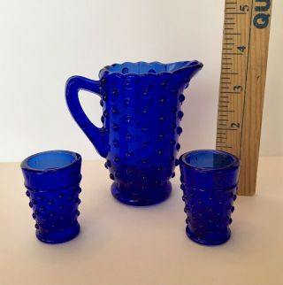 Vintage Cobalt Blue Miniature Hobnail Pitcher 2 Glasses Lemonade Set Tea Party
