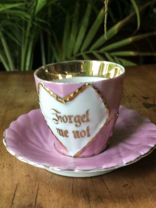 Victorian German Antique Pink Lustre Motto Forget Me Not Cup Saucer