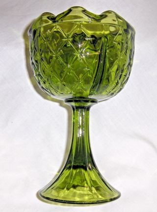 Pedestal Candy Dish Scallop Edge & Diamond Pattern Avocado Green Glass Retro