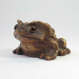 Vtg Miniature Hand Carved Japanese Wooden Horny Frog Toad Figurine Statue (5cm)