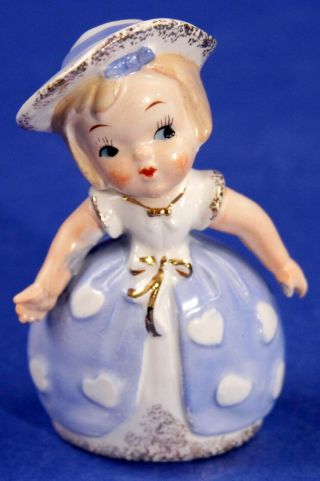 Vintage Japan Girl In Blue Dress White Hearts Figurine