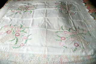 Vintage Hand Embroidered Small White Linen Tablecloth With Crochet Lace Border