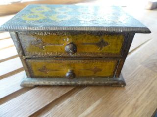 Vintage two drawer chest shaped wooden box jewellery etc? pattern painted gold c 3