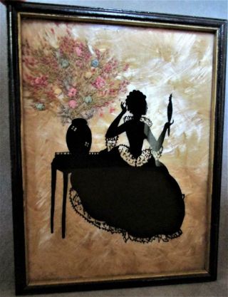 Lovely Vintage Milk Weed & Straw Flowers Lady & Mirror 8 X 6 Silhouette Picture