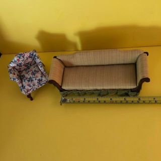 Vintage Doll House Furniture Set.  Wooden / Cloth Couch Chair Living Room Set.