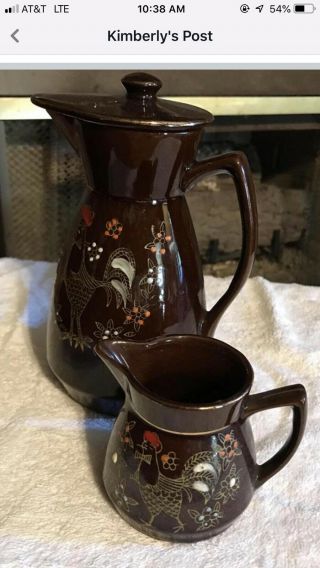 Vintage Redware Rooster Teapot And Creamer