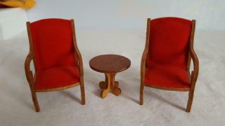 3 Pc Vtg Handcrafted Wooden Detailed Dollhouse Furniture 2 Arm Chairs End Table