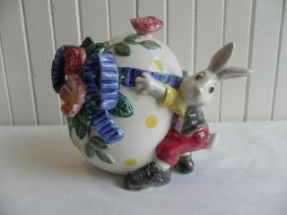 Fitz And Floyd Bunny Rabbit Lidded Candy Dish Egg With Blue Bow 1995