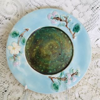Antique Majolica Floral Blue Plate 7 1/2 Inches Marked On Back