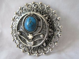 Antique Turkish Large Heavy Solid Silver Filigree & Turquoise Brooch / Pendant