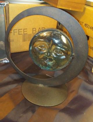 Celestial Sun Man On The Moon Metal & Glass Votive Candle Holder 9 " Tall Vintage