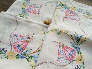 Pretty Vintage Hand Embroidered Linen Tablecloth With Crinoline Ladies And Swans