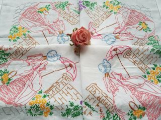 Lovely Vintage Hand Embroidered Linen Tablecloth With Crinoline Ladies