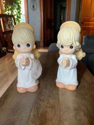 2004 Large Precious Moments Boy & Girl Praying Angels 12” Garden Statues