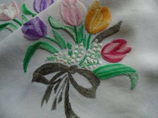 Gorgeous Vintage Hand Embroidered Tablecloth Tulips Lily Of The Valley