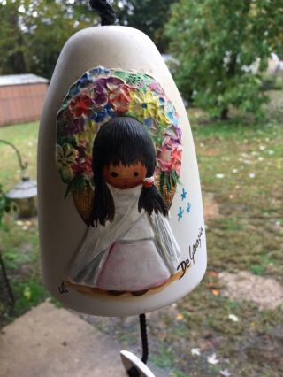 Vtg Clay Pottery Wind Chime Bell Signed De Grazia Painted Native American Girl 3