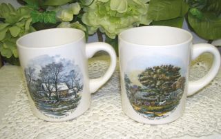 Currier And Ives Cups Set/ 2 Autumn Cider Making And Winter Old Grist Mill Usa