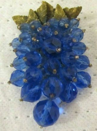 Antique Vintage Brass And Blue Glass Bead Grape Cluster Neck Dress Clip Nr