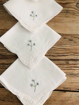 Vintage White Hand Embroidered Cotton Tea Napkins Drawn Thread Corners