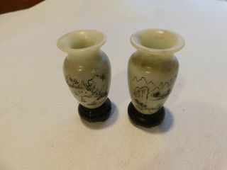 2 Antique Chinese Hand Painted Soap Stone Vases With Wood Stand