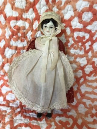Old Antique German Bisque China Head Cloth Doll 7.  5” Pilgrim Dress