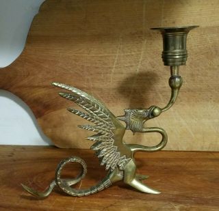 Vintage Brass Single Winged Griffin/dragon Candle Holder 6 3/4 " X 7 1/2 " Long