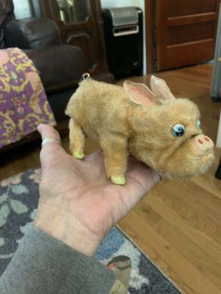 Antique Vintage Mohair Wind Up Pig W Key Slowly.  4” Tall 7”long