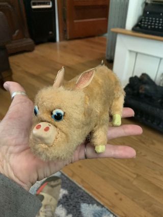 Antique Vintage Mohair Wind Up Pig W Key Slowly.  4” Tall 7”long 2