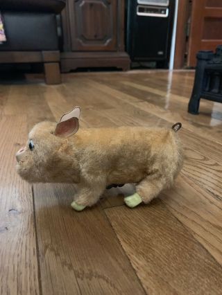 Antique Vintage Mohair Wind Up Pig W Key Slowly.  4” Tall 7”long 3