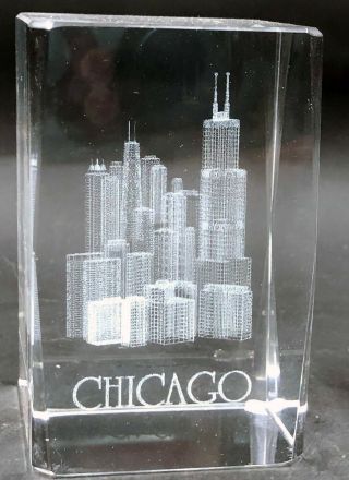 Chicago Skyline Glass Laser Etched Paperweight Souvenir 3 "